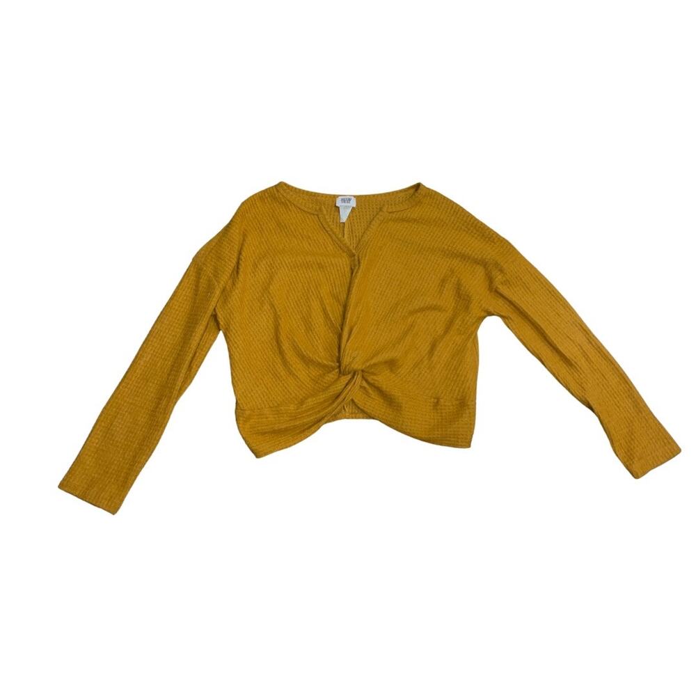 Women waffle knit mustard yellow long sleeve cropped tie front crop top Y2K